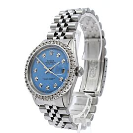 Mens Vintage ROLEX Oyster Perpetual Datejust Blue Dial Diamond Bezel Watch