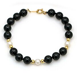 Women's Onyx Pearl and Gold Beads Bracelet in 14k Gold