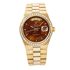 Rolex Oysterquar Day Date Rare Wood Dial Gold Diamond Bezel Watch