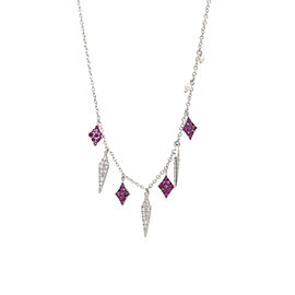 Women's Pave Diamond Ruby Dangling Charms Necklace in 14k White Gold