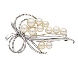 Mikimoto Akoya Pearl Bow Brooch in 14k White Gold