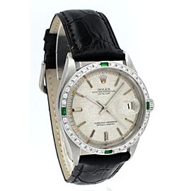 Mens Rolex Oyster Perpetual Datejust Stainless White Gold Diamonds Green 36mm