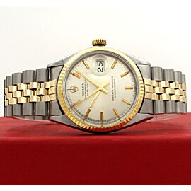 Mens ROLEX Oyster Perpetual Datejust Steel & Gold Silver Stick Dial 36mm Watch