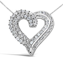 .925 Sterling Silver 1.0 Cttw Prong & Channel-Set Diamond Open work Ribbon Heart Pendant 18" Necklace (I-J Color, I3 Clarity)