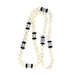 Cultured Pearl Long Necklace with Onyx and Diamonds Rondells
