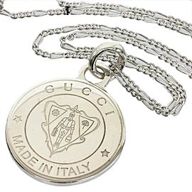 Gucci 925 Sterling Silver Crest Circle Plate Chain Pendant Necklace