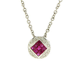 Luxo Jewelry 0.68 CT Natural Ruby & 0.10 CT Diamonds in 14K White Gold Round Necklace 16"