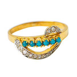 22K Yellow Gold 0.45 Ct F VS1 Diamond Turquoises Ring 2.9 Gr Size 6.5
