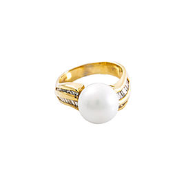 14K Yellow Gold 1.0Ct G VS1 Round Baguette Diamonds 11.7 mm Pearl Ring Size 6