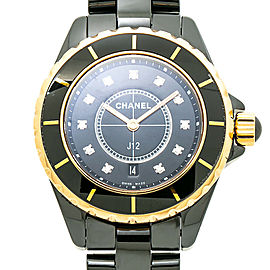 Chanel J12 H2543 18k Yellow Gold & Black Ceramic Diamond Dial Watch 33MM