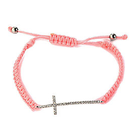 Diamond 18k White Gold Sideway Cross Charm Braided Pink Cord Bracelet