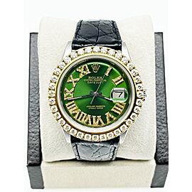 Rolex Datejust 1601 Green Diamond Dial Bezel 18K Gold Steel Leather Strap