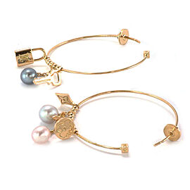Louis Vuitton Pearls 18k Gold Logo Dangling Charms Large Hoop Earrings