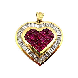 18k Yellow Gold Baguette Cut Diamonds With Princess Ruby Heart Pendant