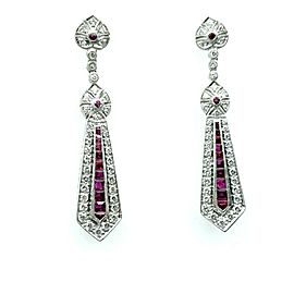 Art Deco 18K White Gold Diamond and Red Ruby Drop Dangle Earrings