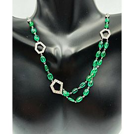 18K White Gold Green Emerald and White Diamond Necklace