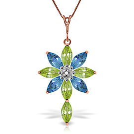 14K Solid Rose Gold Necklace withDiamond, Peridot & Blue Topaz