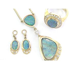 Fine Boulder Opal Diamond Yellow Gold Set Necklace/Ring/Charms 14Kt