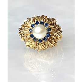 14K Yellow Gold Blue Sapphire Pearl Ring