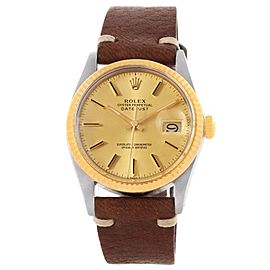Vintage Rolex Datejust 16013 Vintage Steel Yellow Gold Brown Strap Mens Watch