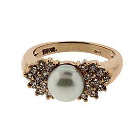 Yellow Gold Diamond, Cultured Pearl Ring Size 6