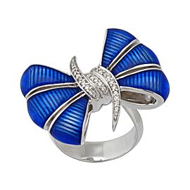 Stephen Webster Forget Me Knot silver diamond & blue enamel Bow ring size 7