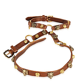 Gucci Gold Tone Feline Head Palm Wrap Bracelet In Brown Leather