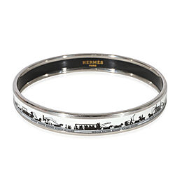 Hermes Palladium Plated Narrow White Enamel Bangle With Horse & Carriage (67MM)