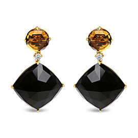 18K Yellow Gold 1/5 Cttw Diamond with Round Yellow Citrine and Cushion Cut Black Onyx Gemstone Dangle Earring (G-H Color, SI1-SI2 Clarity)