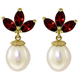14K Solid Rose Gold Dangling Earrings Cultured Pearl & Garnets