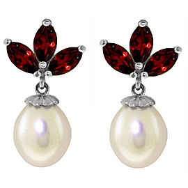 9.5 CTW 14K Solid White Gold Dangling Earrings Cultured Pearl Garnet
