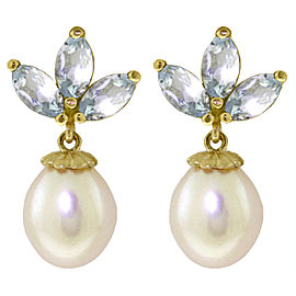 14K Solid Rose Gold Dangling Earrings Cultured Pearls & Aquamarines
