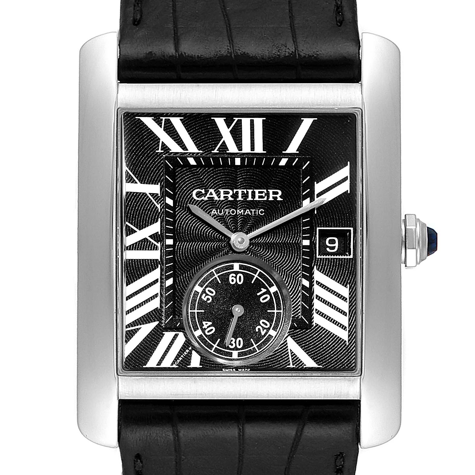 cartier tank mc men's black leather strap watch
