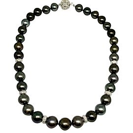 Diamond Tahitian Pearl Necklace 18k Gold 13.25 mm 17" Certified