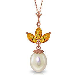 14K Solid Rose Gold Necklace with Cultured Pearl & Citrines
