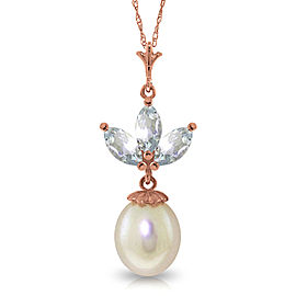 14K Solid Rose Gold Necklace with Cultured Pearl & Aquamarines