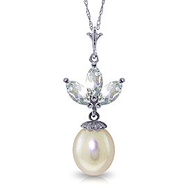 4.75 CTW 14K Solid White Gold Necklace Cultured Pearl Aquamarine