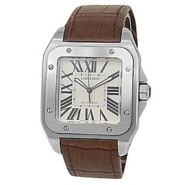Cartier Santos 100 Stainless Steel Brown Leather Auto Silver Mens Watch
