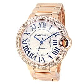 Cartier Ballon Bleu 18k Rose Gold Auto Diamonds Silver Ladies Watch