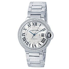Cartier Ballon Bleu 18k White Gold Auto Diamonds Silver Ladies Watch