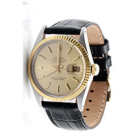 Rolex Datejust 18K Yellow Gold / Stainless Steel Champagne Stick Dial Black Strap 36mm Mens Watch