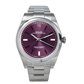 Rolex Steel Oyster Perpetual 39 Watch Domed Bezel Red Grape Index Dial 114300