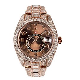 ROLEX SKY DWELLER 326935 ROSE GOLD CHOCOLATE DIAL ROUND AND BAGUETTE DIAMONDS