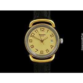 HERMES PULLMAN Ladies Luxury SS Steel & 18K Gold Plated Watch -