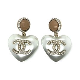 CHANEL - Large Puff Pearlized Heart CC Logo Resin Strass - Drop Dangle Earrings