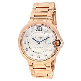 Cartier Ballon Bleu 18k Rose Gold Auto Diamonds Silver Ladies Watch