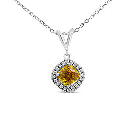 14K White Gold 1 1/5 Cttw Yellow Radiant Lab Grown Diamond Floating Halo Rhombus Shaped 18" Pendant Necklace (Yellow/G-H Color, VS1-VS2 Clarity)