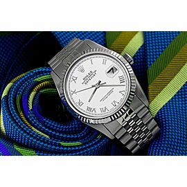Rolex Oyster Perpetual 36mm Datejust White Roman Dial Classic Stainless Steel Jubilee Watch
