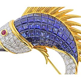 Invisible Set Sapphire Diamond Ruby Mother of Pearl Gold Fish Brooch