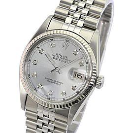 Silver Mens Datejust Diamond Dial 18k White Gold Fluted Bezel Watch